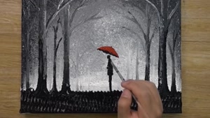 آموزش نقاشی یک تابلو زیبای زوج و چتر قرمز