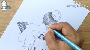 آموزش گام به گام طراحی با مداد دختر با کیف مدرسه