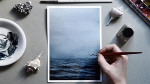 آموزش نقاشی با آبرنگ - اقیانوس مه آلود