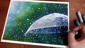 آموزش نقاشی چتر و باران با پاستل روغنی