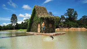 دختر بقا که به تنهایی زندگی می کند خانه درختی خصوصی روی آب 