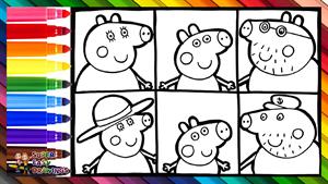 آموزش نقاشی - طراحی و رنگ آمیزی خوک پپا با خانواده اش