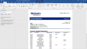 JAPAN MIZUHO BANK STATEMENT TEMPLATE IN WORD AND PDF FORMAT,