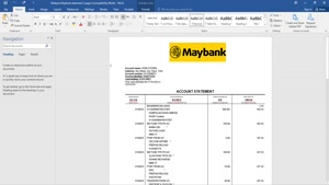 MALAYSIA MAYBANK BANK STATEMENT WORD AND PDF TEMPLATE