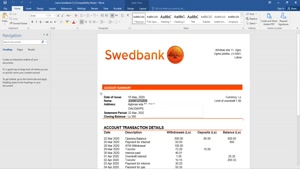 LATVIA SWEDBANK BANK STATEMENT TEMPLATE, WORD AND PDF FORMAT