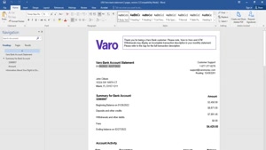 USA VARO BANK STATEMENT, WORD AND PDF TEMPLATE, 2 PAGES, VER