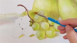 طبیعت بی جان گلابی و انگور را در روغن نقاشی کنید