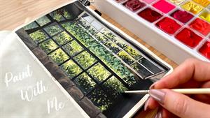 یک نقاشی گواش از یک صحنه پنجره با انگور/ با من نقاشی کن 🌿