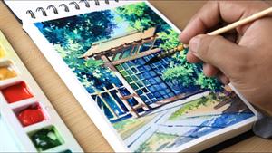 نقاشی زیبای آبرنگ از در و باغ گیبلی آسان