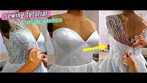 آموزش کشیدن پارچه پولک روی تنه لباس عروس با یقه توهم 