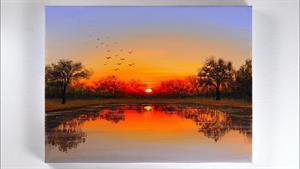 نقاشی اکریلیک غروب خورشید در دریاچه