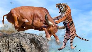 نبرد حیوانات - ببر هنگام مواجهه با گاو شاخدار