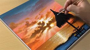 نقاشی منظره غروب خورشید / نقاشی اکریلیک برای مبتدیان