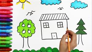 آموزش نقاشی  و رنگ آمیزی خانه و درخت