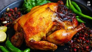 طرز تهیه مرغ شکم پر شمالی با رب انار و گرد